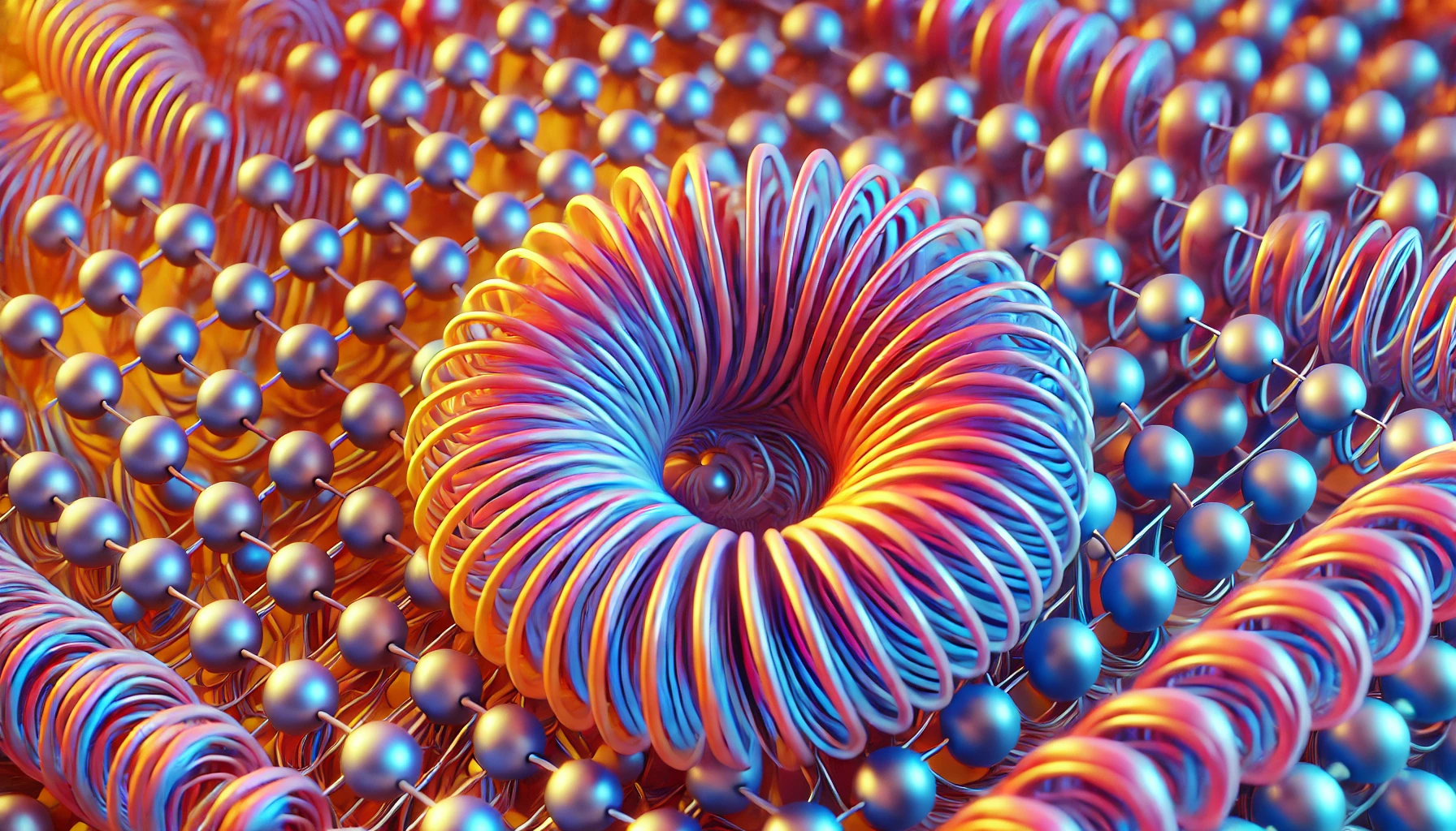 DALL·E 2024 09 05 11.42.09 A 3D illustration of atomic structures in helical magnets showing spiral patterns with left and right handed chirality in vibrant colors