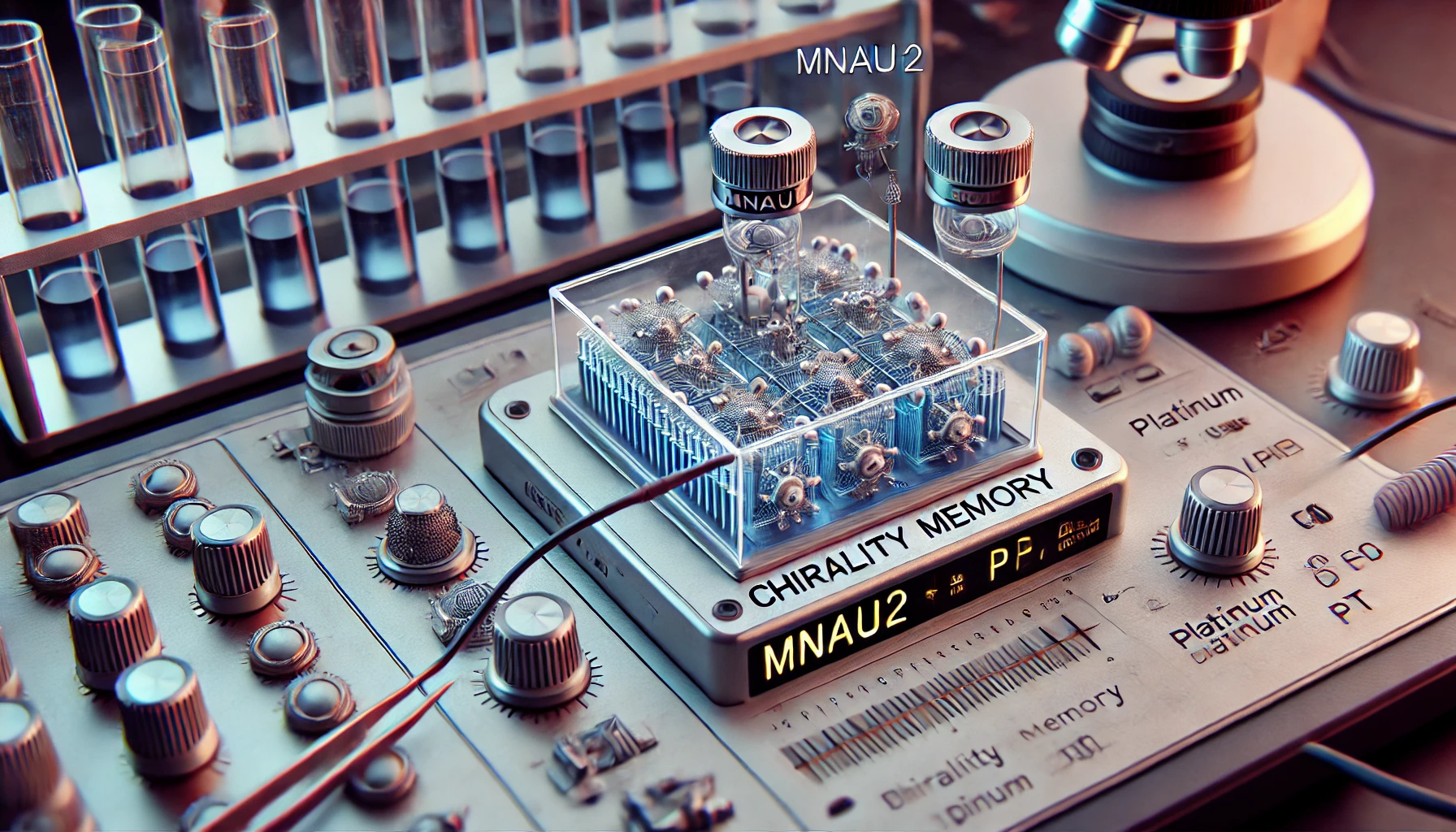 DALL·E 2024 09 05 11.42.39 A detailed lab setup showcasing a memory device with MnAu2 and platinum Pt with electric current pulses flowing through representing chirality mem