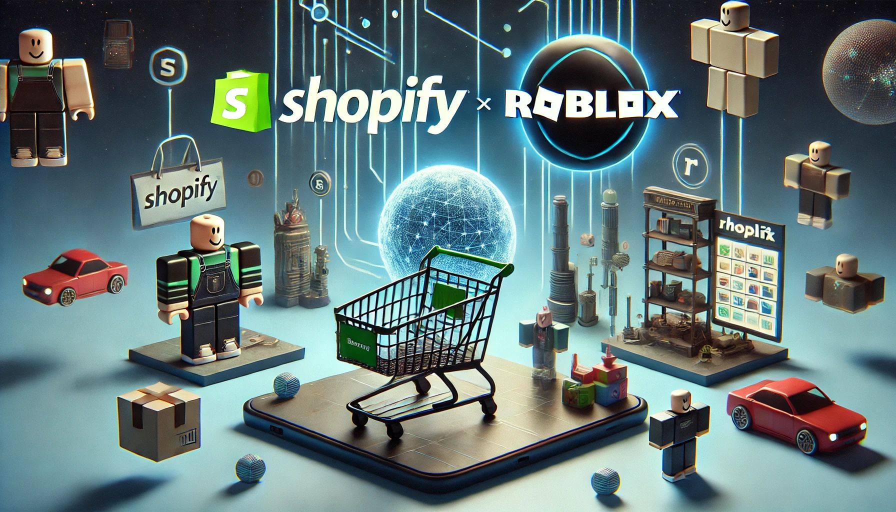 DALL·E 2024 09 10 12.46.33 A concept image representing the collaboration between Shopify and Roblox. The image should feature a mashup of both logos showing the Shopify logo a