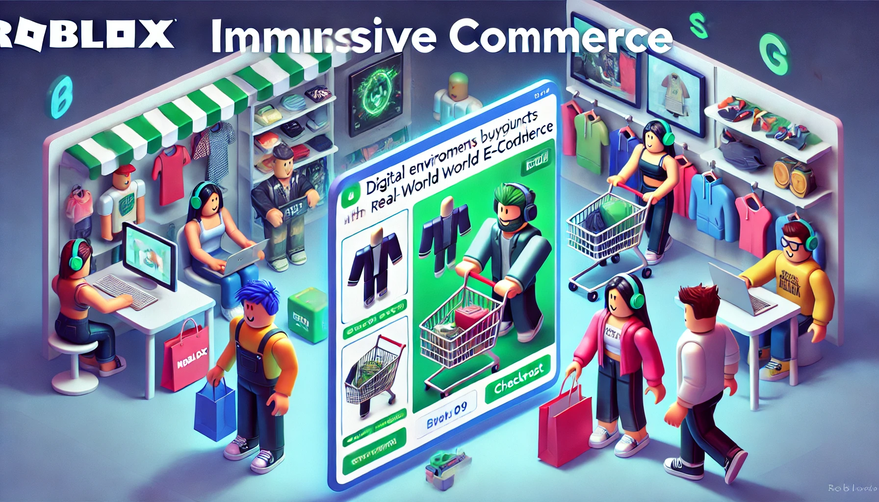 DALL·E 2024 09 10 12.46.48 A graphic showcasing the concept of immersive commerce. The image should depict users buying products within a Roblox game with a game interface show