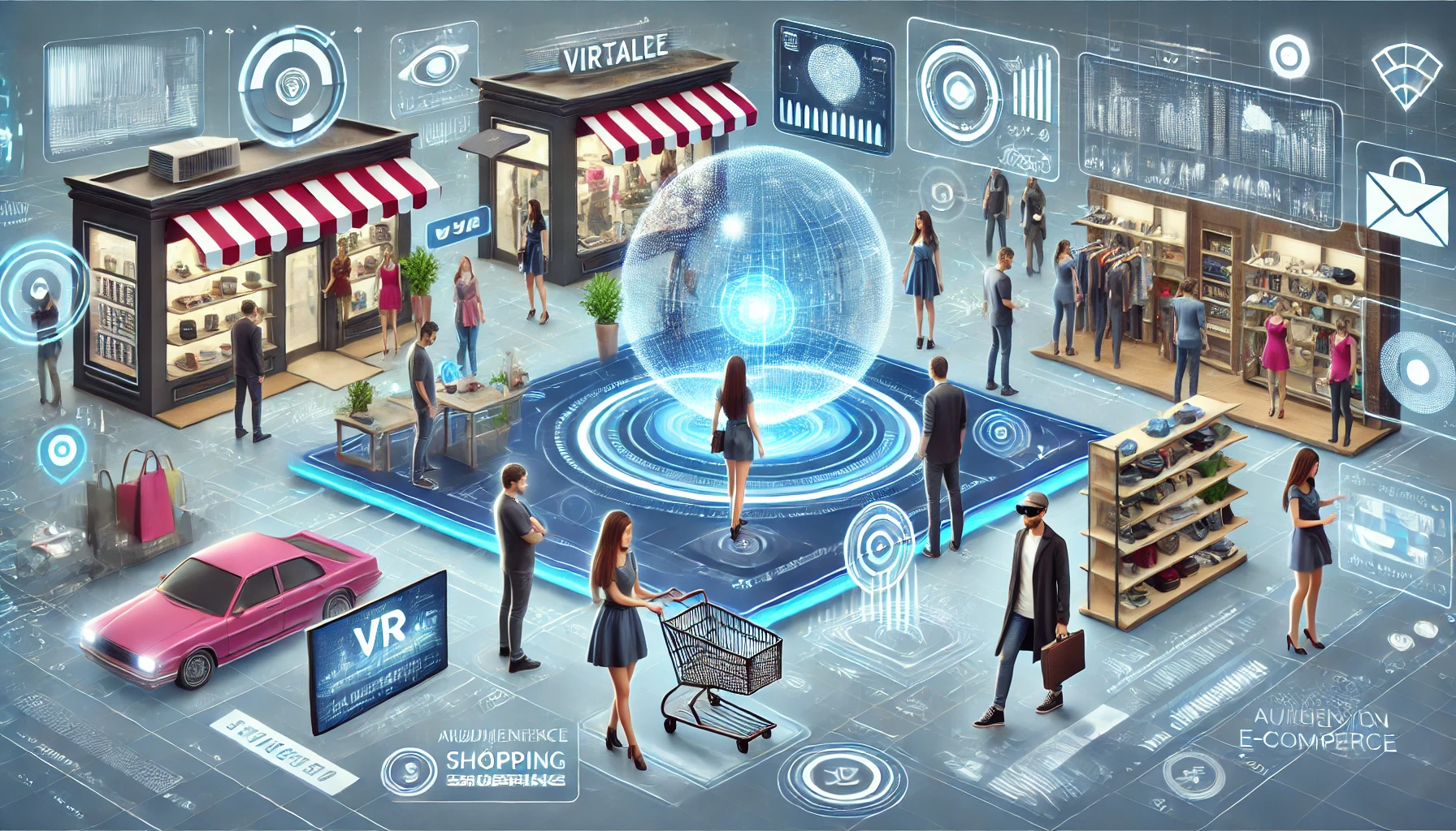 DALL·E 2024 09 10 12.46.56 A futuristic illustration or infographic depicting the future of retail in a virtual world. The image should show a virtual marketplace where users r