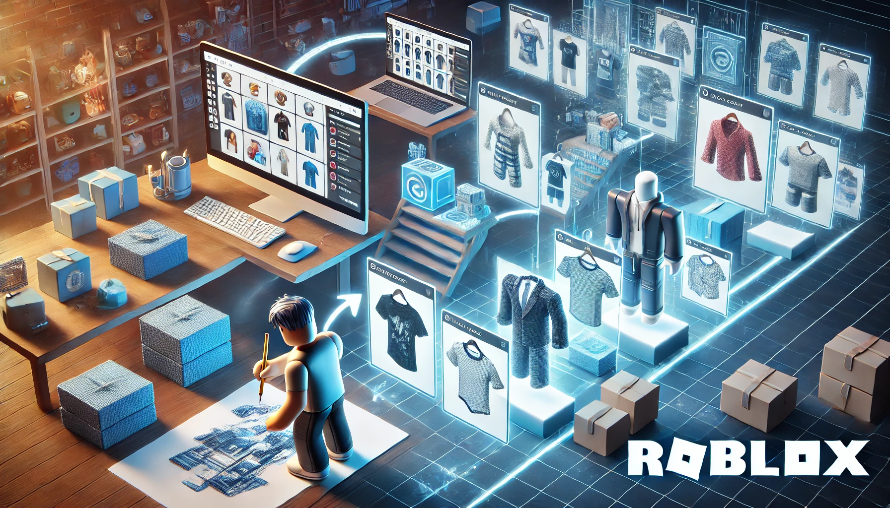 DALL·E 2024 09 10 12.52.00 A Roblox creator designing products highlighting the connection between digital creation and real world sales. The image should depict a creator in a