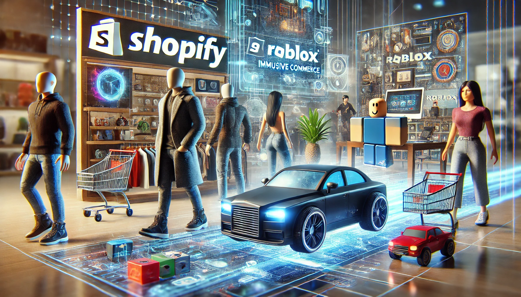 DALL·E 2024 09 10 13.14.00 A highly realistic feature image for an article about the partnership between Shopify and Roblox in immersive commerce. The image should showcase a bl